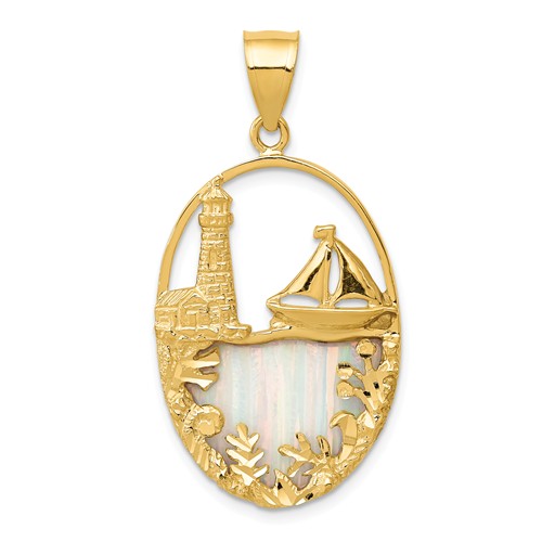 14k Yellow Gold Lighthouse And Sailboat Pendant with Imitation Opal