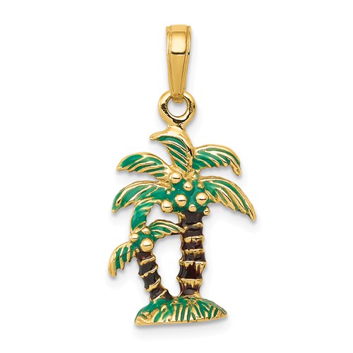 14k Yellow Gold Palm Trees Pendant with Green and Brown Enamel 3/4in