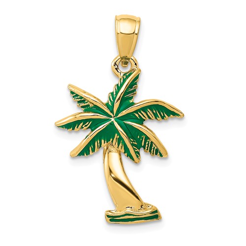 14k Yellow Gold Palm Tree Pendant with Green Enamel 3/4in