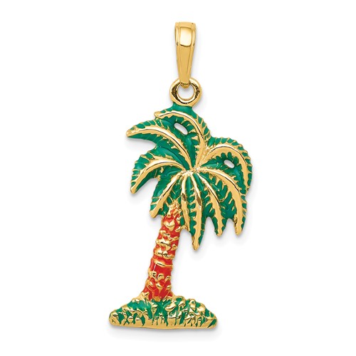 14k Yellow Green Enamel Palm Tree Pendant 1in