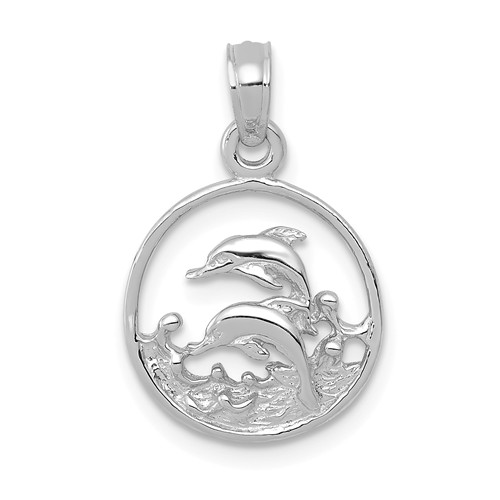 14k White Gold Dolphins with Waves Pendant in Round Frame