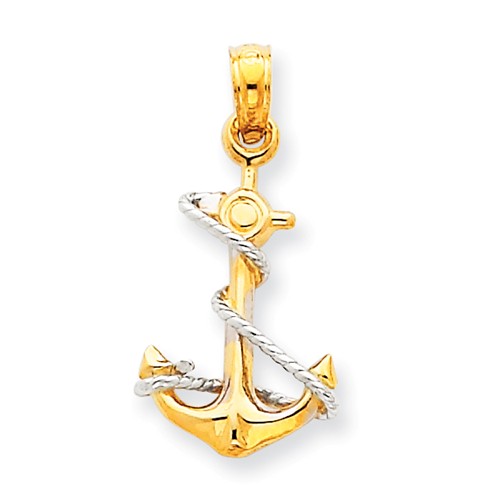 14kt Two-tone Gold 3/4in 3-D Wrapped Anchor Pendant with Rope