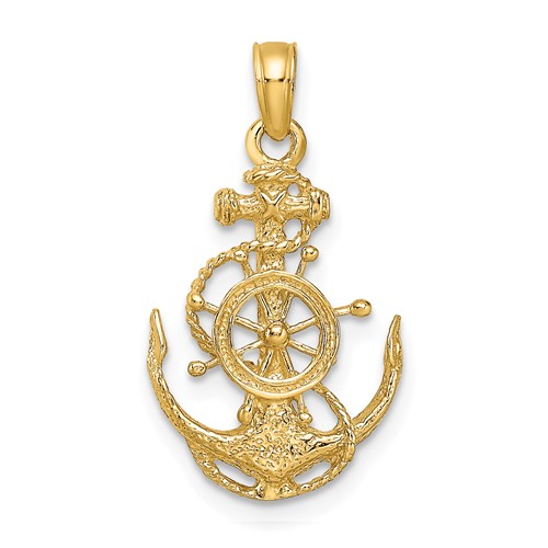 14k Yellow Gold Anchor Pendant with Ship's Wheel and Rope 5/8in K3078