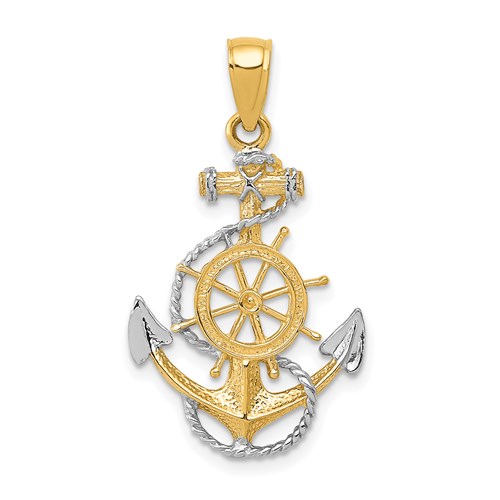14kt Two-tone Gold 7/8in Fancy Anchor Pendant with Rope and Wheel