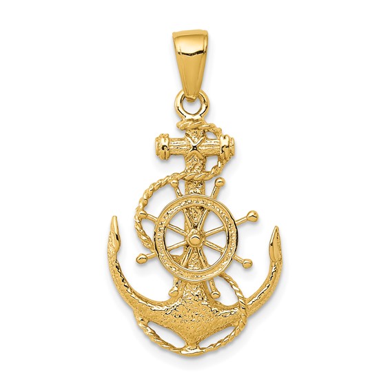 14k Yellow Gold 1in Anchor Pendant with Rope and Wheel