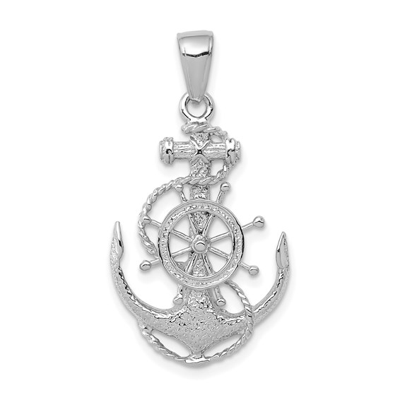14k White Gold Anchor Pendant with Rope and Wheel 1in