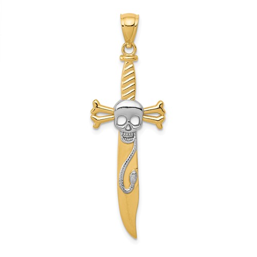 14k Yellow Gold And Rhodium Sword Pendant with Skull and Bones