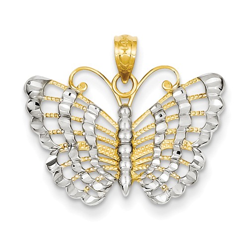 14k Yellow Gold Rhodium Filigree Butterfly Pendant 3/4in