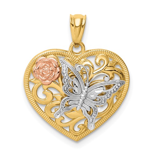 14k Tri-color Gold Heart Pendant with Butterfly 5/8in