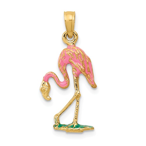 14k Yellow Gold Pink Enamel Flamingo Pendant 3/4in