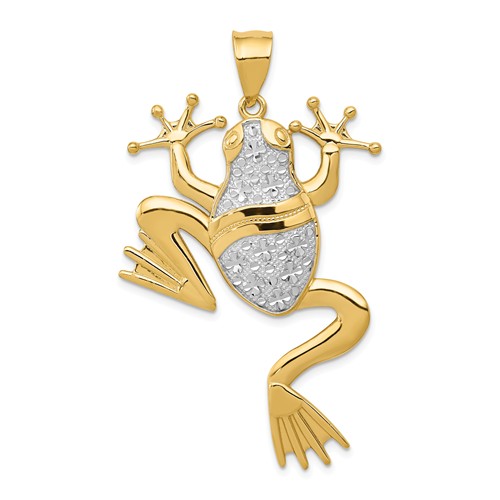 14k Yellow Gold Diamond-Cut Frog Pendant with Rhodium Accent