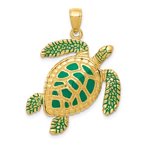 14k Yellow Gold 3-D Sea Turtle Pendant with Green Enamel 1in