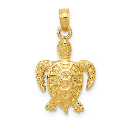 14k Yellow Gold Textured Sea Turtle Pendant 3/4in