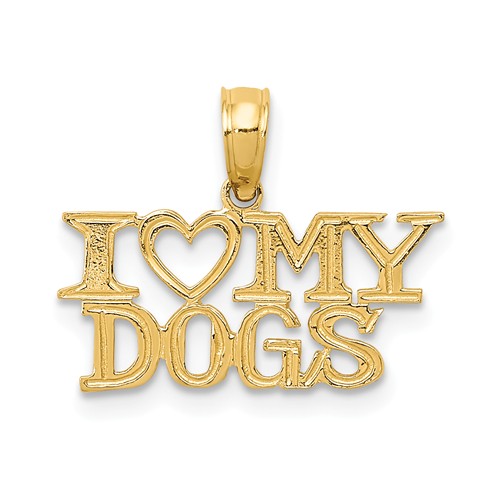 14k Yellow Gold I Love My Dogs Pendant in Block Letters