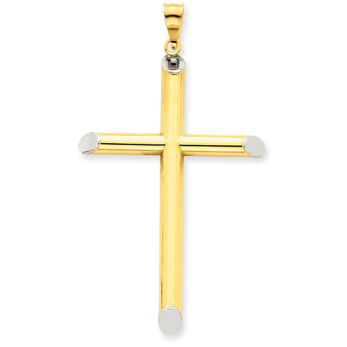 14k Yellow & Rhodium 3-D Hollow Cross Pendant 1 7/8in