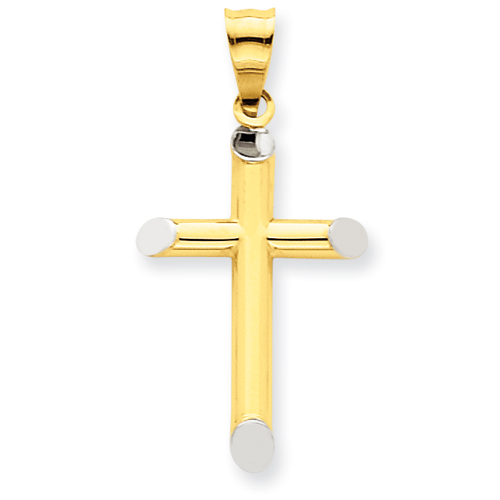 14k Yellow Gold & Rhodium 3-D Hollow Cross Pendant 7/8in