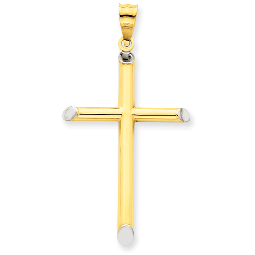 14k Yellow Gold & Rhodium 3-D Hollow Cross Pendant 1 3/8in