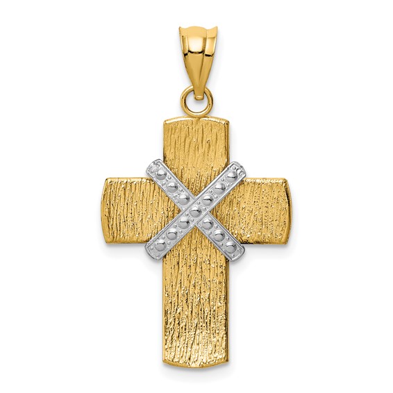 14k Two-tone Gold 7/8in Diamond-cut Wrapped Cross Pendant