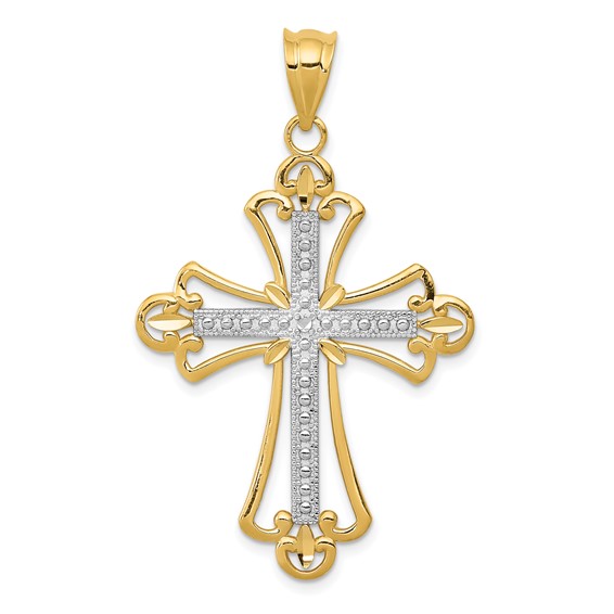 14k Yellow Gold Rhodium 1 1/8in Budded Cross Pendant Frame Design