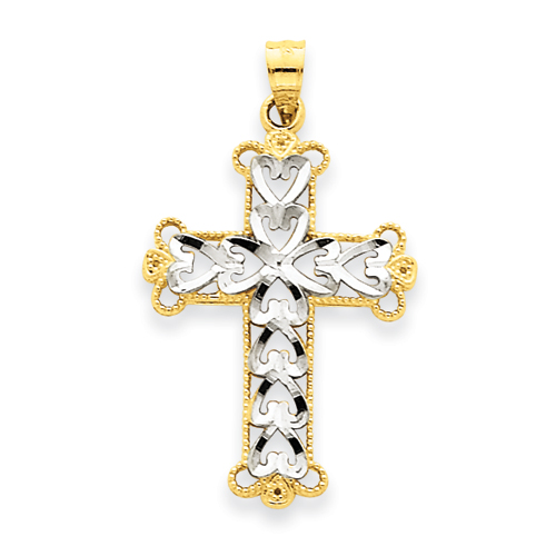 14k Yellow Gold Rhodium 1in Budded Cross Pendant with Hearts