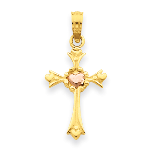 14k Yellow Gold Heart Cross Charm with Rose Gold Center