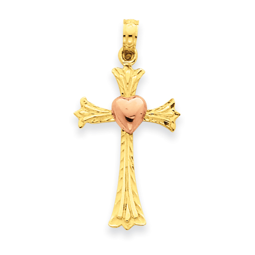 14k Yellow Gold Cross Pendant with Rose Gold Heart