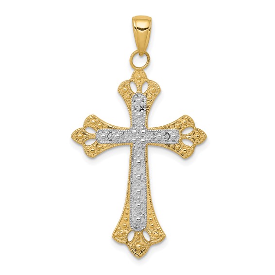 14kt Yellow Gold Rhodium 1.25in Diamond-cut Fleur de Lis Cross Pendant