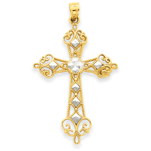 14k Gold and Rhodium 1 3/8in Diamond-cut Marquee Cross Pendant