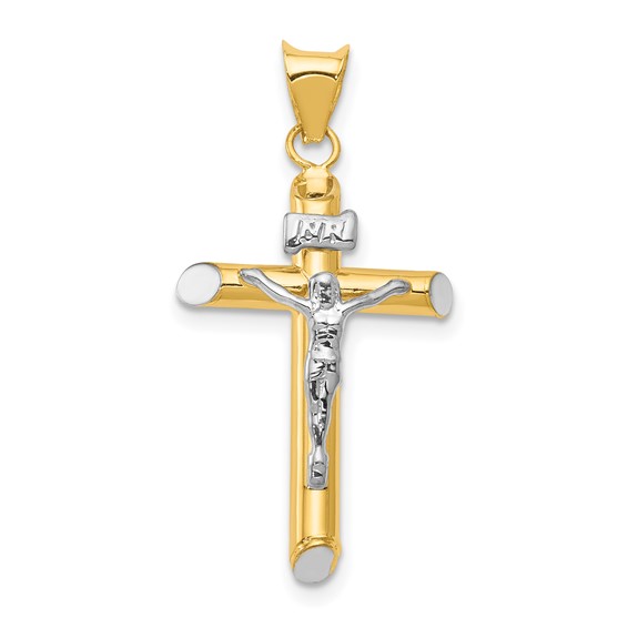 14kt Two-tone & Rhodium 1in INRI Hollow Crucifix