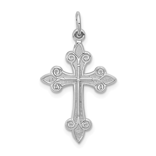 14k White Gold Fleur di Lis Cross Pendant with Textured Finish 3/4in
