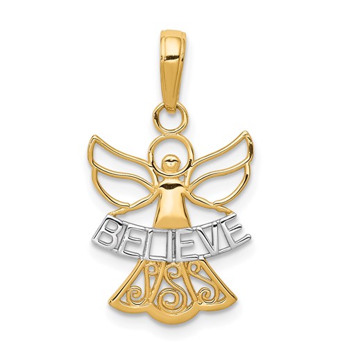 14kt Gold and Rhodium 5/8in Believe Angel Pendant