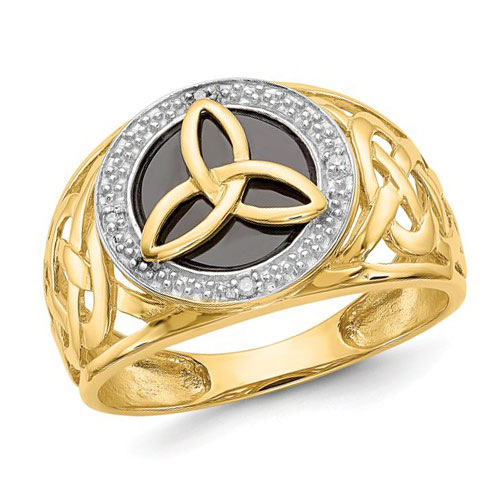 14k Yellow Gold Men's Black Onyx Trinity Ring with Diamond Accents