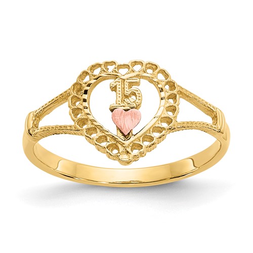 14k Yellow Gold Sweet 15 Heart Ring with 14k Rose Gold Heart Accent