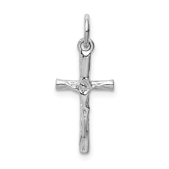14k White Gold Crucifix Pendant with Woodgrain Texture 3/4in