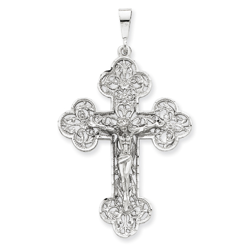 14k White Gold 1 3/4in Diamond-Cut Budded Crucifix Pendant