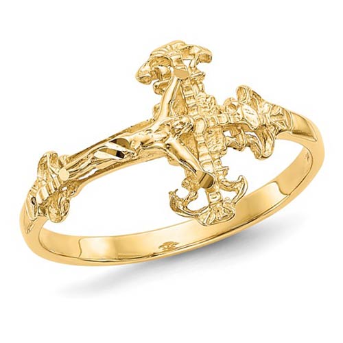 14k Yellow Gold Slender Diamond-cut Crucifix Ring