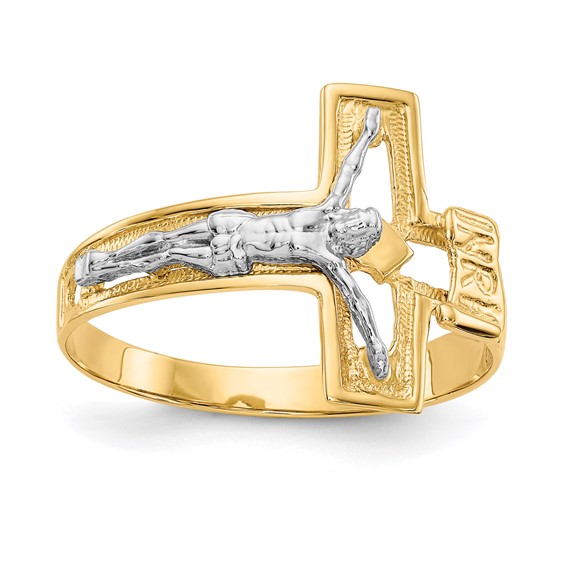 14k Two-tone Gold Diamond-cut Crucifix Men's Ring