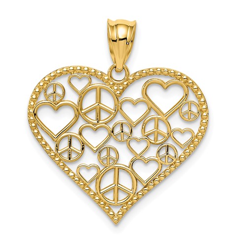 14k Yellow Gold Hearts And Peace Signs In Heart Pendant