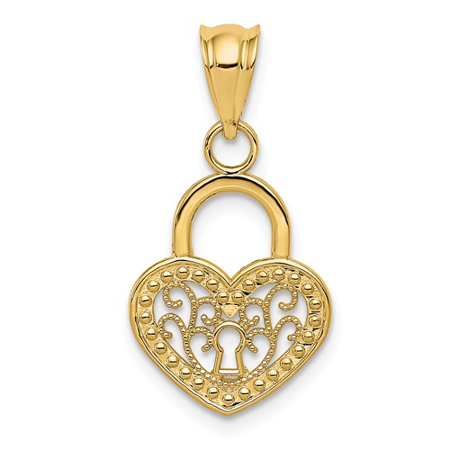 14k Yellow Gold Heart Lock Charm with Filigree Design
