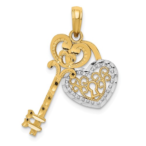 14k Yellow Gold and Rhodium Filigree Heart Key And Heart Lock Pendant