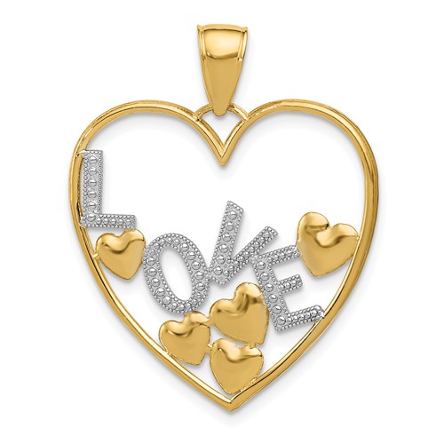 14k Yellow Gold Love And Floating Hearts Pendant with Rhodium 1in