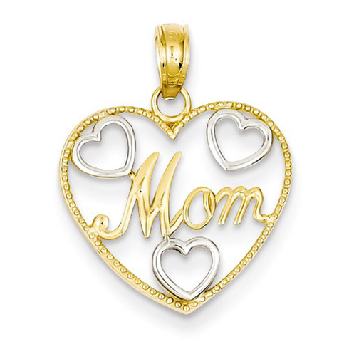 14kt Two-tone Gold 5/8in Mom Beaded Heart Pendant