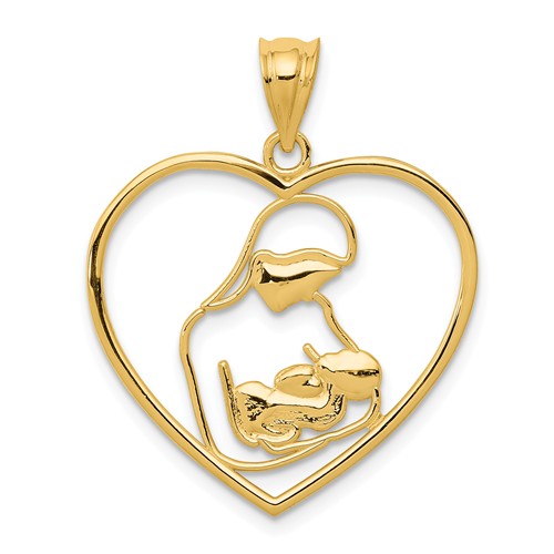 14k Yellow Gold Mother And Child Silhouette Heart Pendant 7/8in