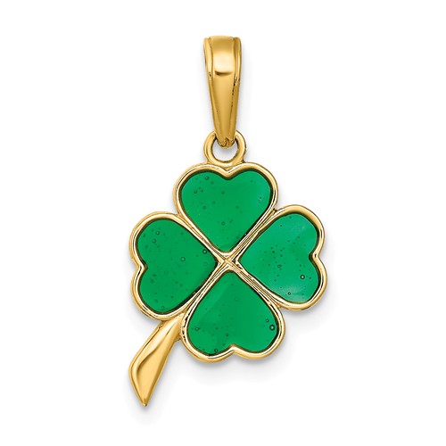 14k Yellow Gold Small Four Leaf Clover Pendant with Green Acrylic