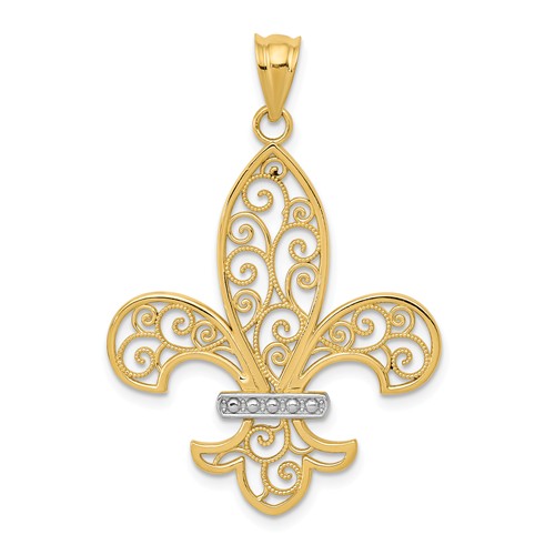 14kt Yellow Gold 1in Filigree Fleur de Lis Pendant