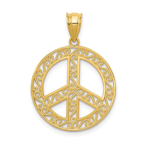 14k Yellow Gold Filigree Peace Sign Pendant 3/4in