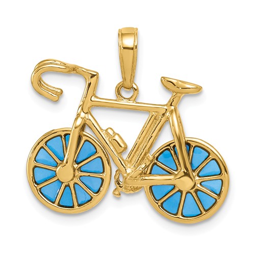 14k Yellow Gold 3-D Blue Acrylic Moveable Bicycle Pendant