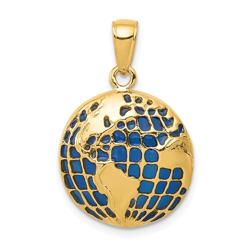 14k Yellow Gold Blue Enamel Globe Pendant 5/8in