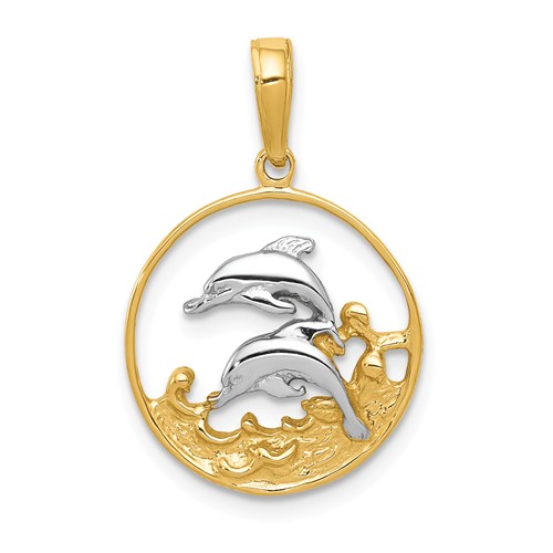 14k Yellow Gold Pair of Dolphins in Waves Pendant 5/8in