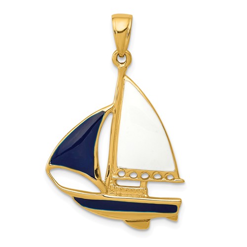 14k Yellow Gold Sailboat Pendant with Blue and White Enamel 1in
